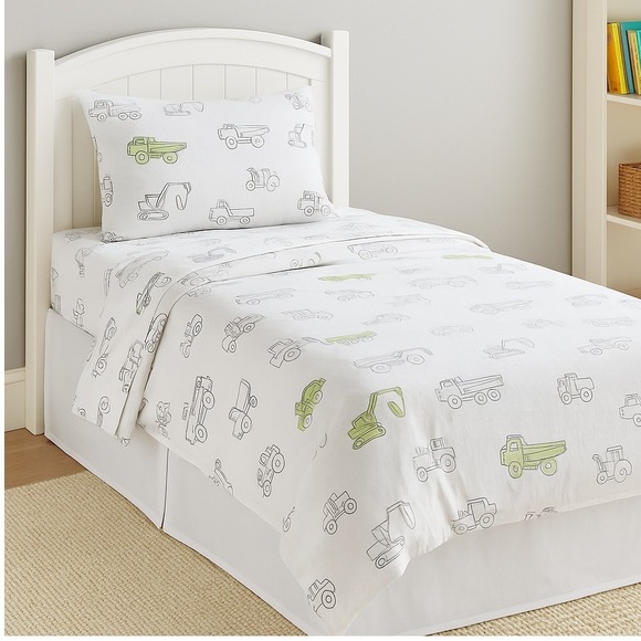 Pottery Barn Kids Twin Flat Sheet Organic Cotton Construction Trucks Print White - Picture 1 of 7
